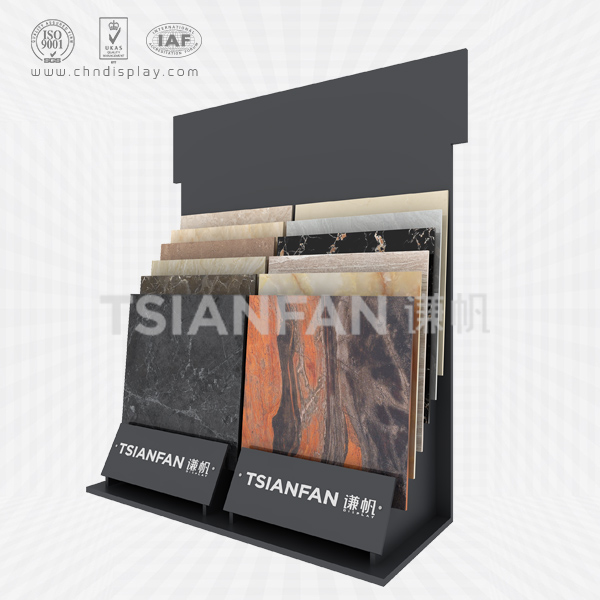 hot manufacture tile landing large double-row printable logo high-end black simple display rack e2138