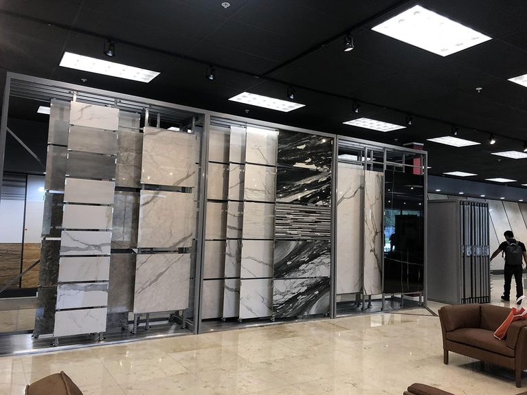 Small Tile Showroom Design Ideas with Display Rack Solutions