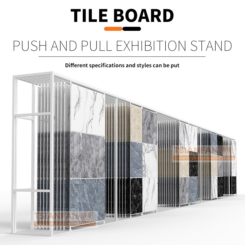 Large tile slab marble stone push pull horizontal sliding metal display rack