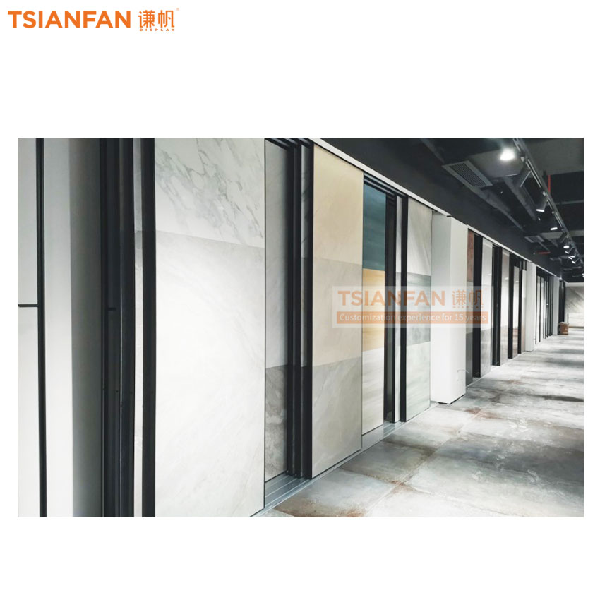Push pull horizontal sliding quartz stone hold shelf marble large slab stone tile sample showroom flooring frame