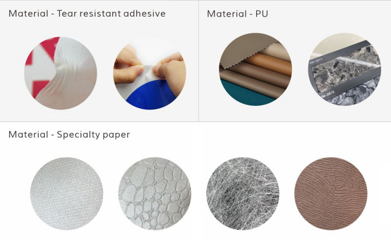 Material: Coated paper, PVC(waterproof), Tear resistant adhesive, Bright film, Dumb film, PU, Specialty paper.