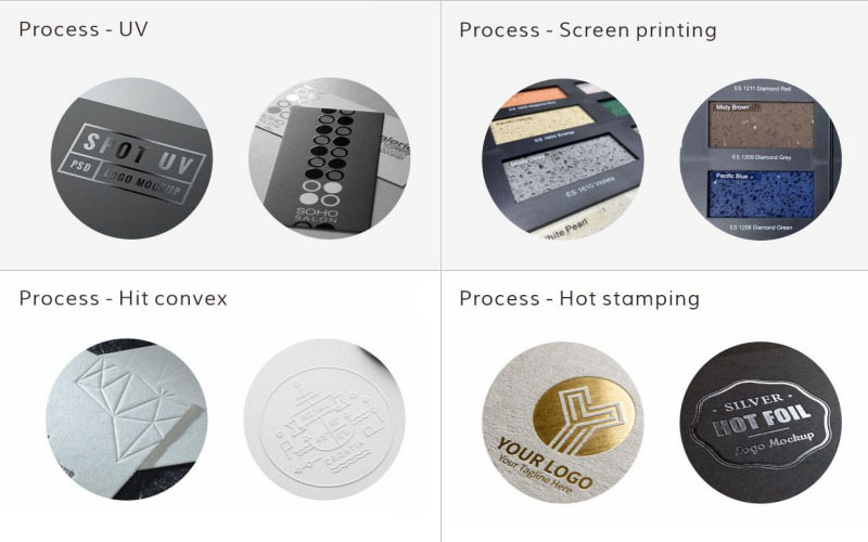 Process: Hot stamping, UV, Screen printing, Hit convex