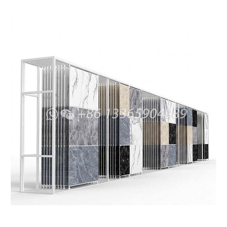 Push pull horizontal sliding quartz stone hold shelf marble large slab stone tile sample showroom flooring frame