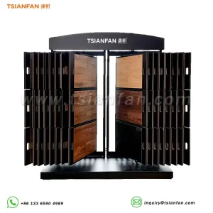 Parquet floor exhibit racks book displays showroom wooden