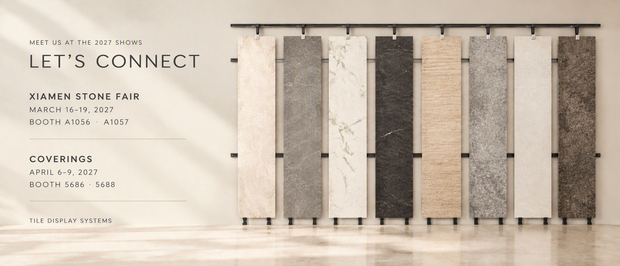 Tsianfan tile display rack booth at Xiamen Stone Fair 2027 and Coverings 2027